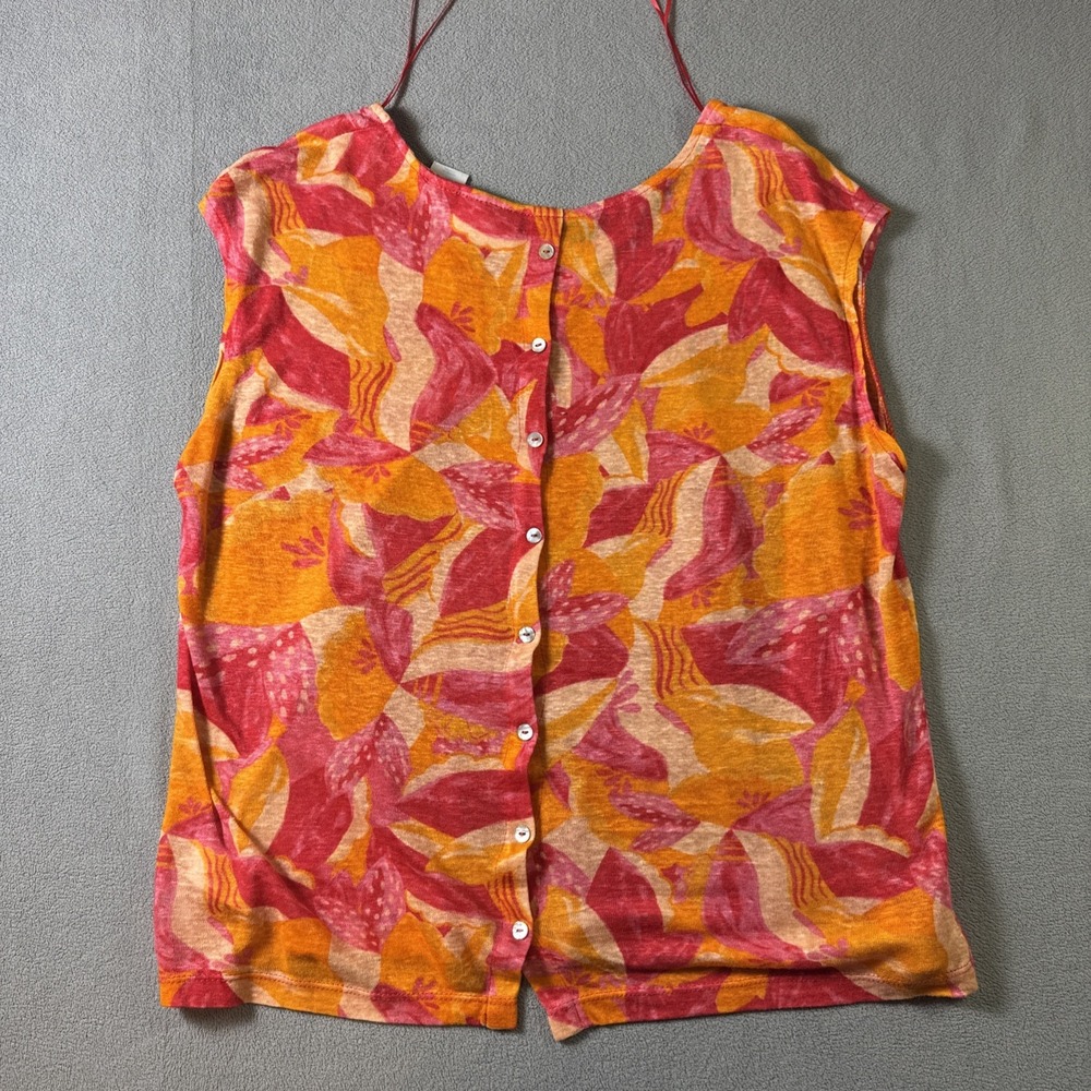 Cynthia Rowley Top L Orange Pink Floral Linen Boxy Pearl Button Back Beach Artsy